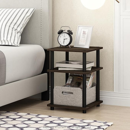 Furinno TURN-N-TUBE Side Table, 3-Tier Square Modern End Table, Open Shelves Nightstand, Night Stand, Bedside Table, Easy Assembly, for Living Room, Bedroom, Columbia Walnut