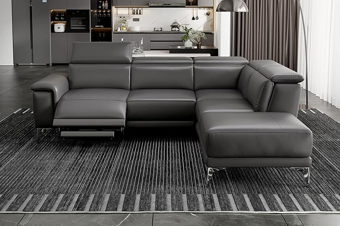 Valencia Pista Geniune Leather Reclining Sectional Sofa with Right Hand Chaise -| Power Recliner Chair, Nappa 11000 Leather | L Shaped Couch for Living Room Furniture, Cloudy Grey