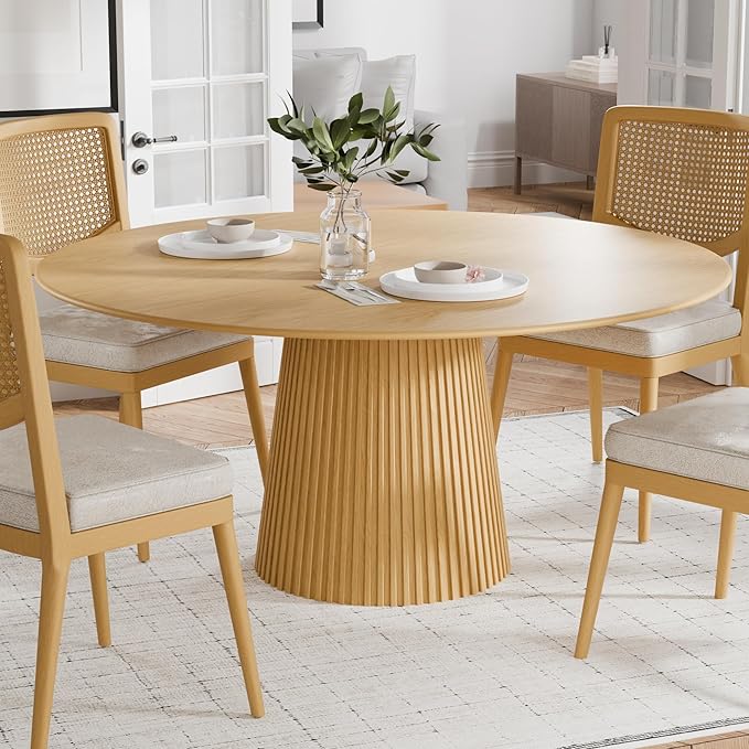 Casaphoria 60" Round Dining Table, Modern Wood Kitchen Table with Cone Grating Bar Base for Living Room & Dining Room, Easy Assembly Farmhouse Furniture for 4-6, Oak