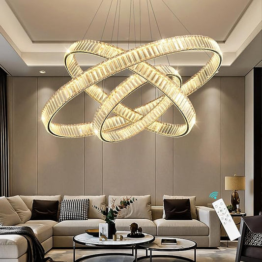 24''+32''+40'' Modern Ring Chandelier Crystal Chandeliers for Dining Room Round LED Dimmable Ceiling Light Fixture for Living Room Bedroom Lighting Black