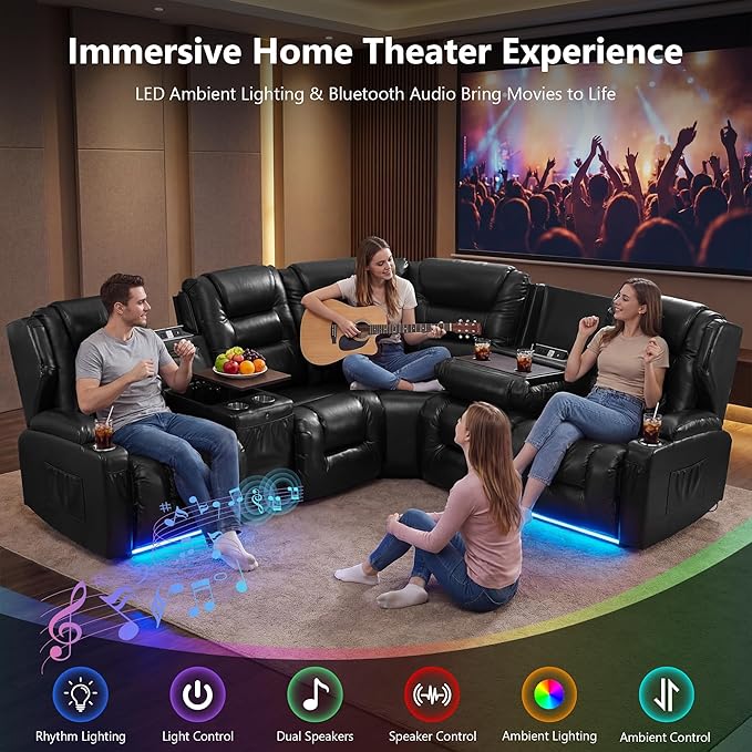 SAMERY Recliner Sectional Couch, Power Reclining Sectional Sofa, Wall Hugger Recliners RV Couch with Corner Couch, Flip-Backrest, Lift-Top Table, Ambient Lights, USB, Faux Leather, Black | Extra Wide Seat, Plush Padding, Dual Power Recline, Lift-Up Tab...