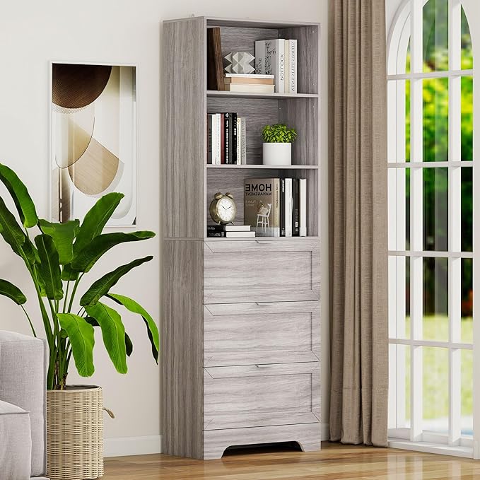 71'' Tall Bookshelf with Drawers,6 Tier Wooden Bookcase Storage Organizer,Freestanding Display Cabinet with Adjustable Shelves for Living Room, Bedroom, Kitchen, Home Office, Wash Grey