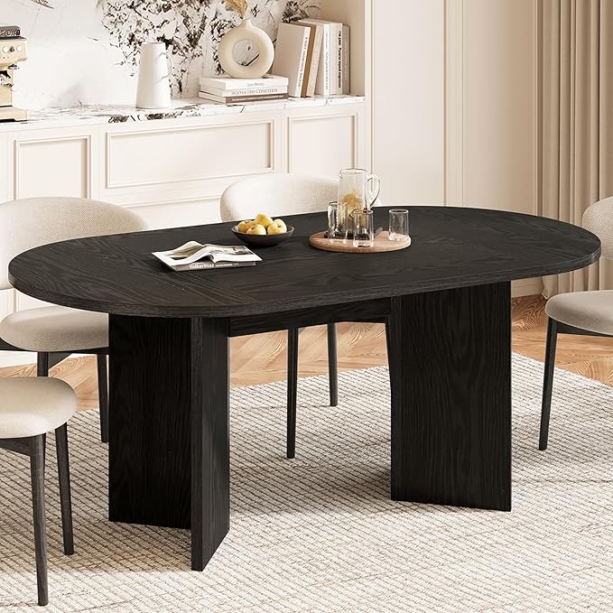 LITTLE TREE 63" Rustic Oval Dining Table for 4-6, Sturdy MDF Farmhouse Kitchen Table with Metal Strip Base, for Living Room, Office, Restaurant, Multi-Use, Black
