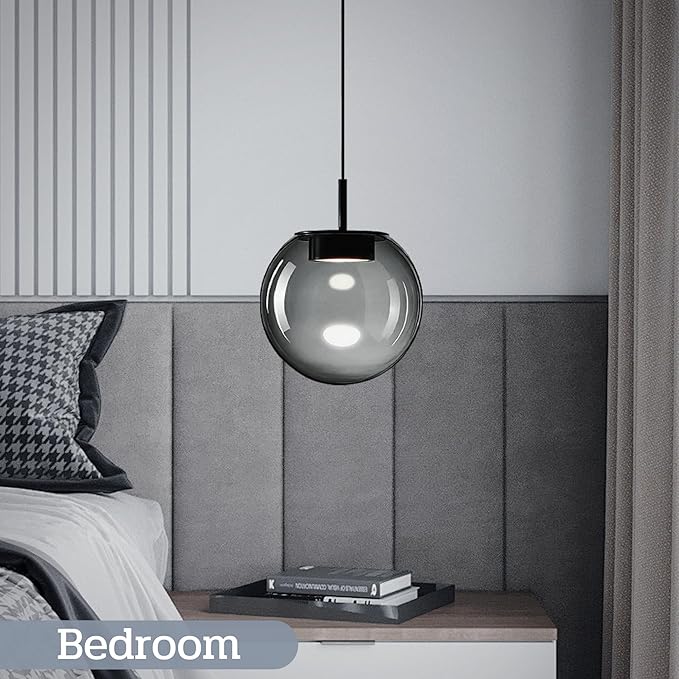 Advanced 3CCT Smoke Glass Pendant Light, Built-in LED Panel for Ultra-Even, Glare-Free Lighting, Modern Design and Stylist Fixture for Kitchen Island, Dining Table and Bedside(7.9in, 1-Pack)