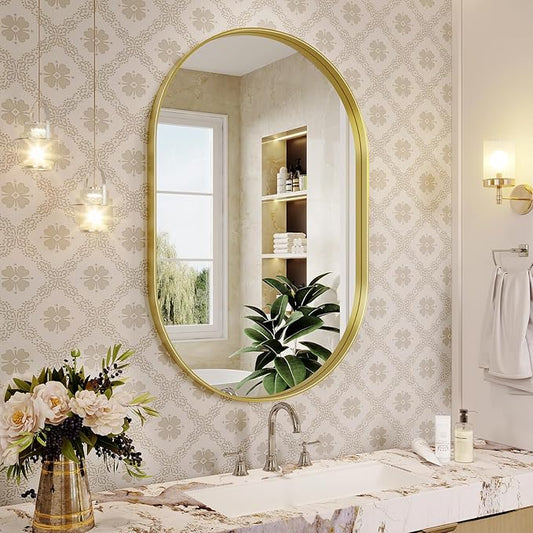 Oval Mirror, 20"×30" Gold Bathroom Mirror, Oval Mirror for Bathroom, Gold Vanity Mirror for Wall, Entryway, Living Room, Wall Mount Mirrors Hangs Vertical or Horizontal