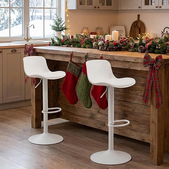 YOUTASTE Modern White Bar Stools Set of 2, Adjustable Swivel Counter Bar Chairs with PU Leather Upholstered Seat, Sturdy Metal Base, Perfect for Kitchen Island, Dining, or Home Bar