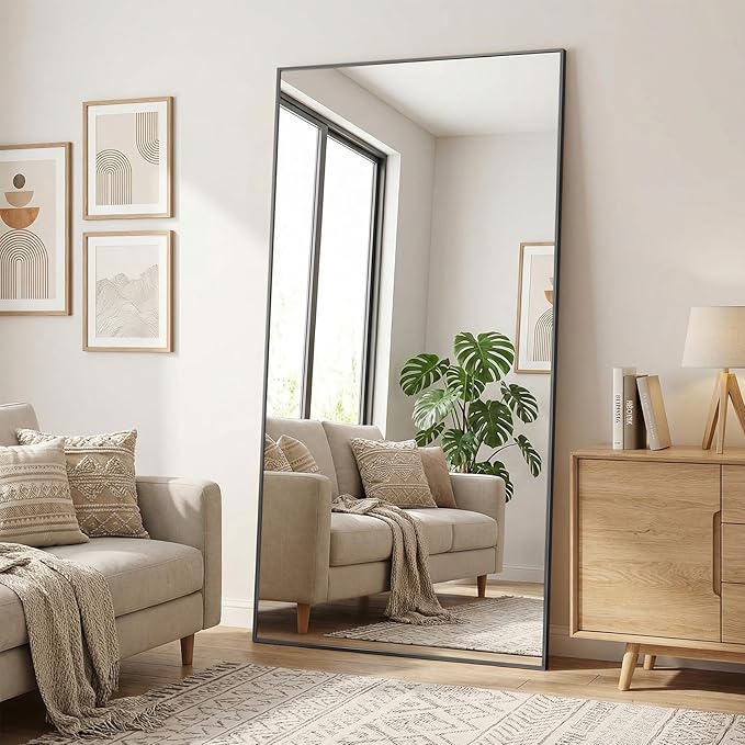 Full Length Mirror, 79"x32" Full Body Mirror, Floor Mirrors with Stand, Body Mirrors Standing Hanging Leaning Against Wall,Aluminum Frame Mirrors for Bedroom Cloakroom,Living Room,Black