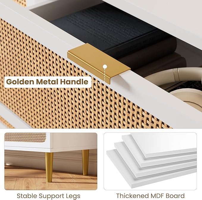 GarveeHome Rattan 5 Drawer Dressers for Bedroom, Tall Dresser with Deep Drawers, Large Chest of Drawers for Closet with Wide Top, Long Wooden Dresser for Living Room, Hallway, Kids Room, White