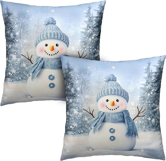 Blue Snowman Throw Pillow Covers Winter Pillow Covers 16x16 Snowflakes Pillow Case Double Sided Printing Cushion Case for Home Decor Couch Sofa Set of 2
