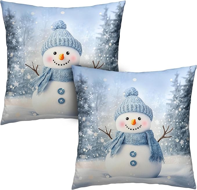 Blue Snowman Throw Pillow Covers Winter Pillow Covers 20x20 Snowflakes Pillow Case Double Sided Printing Cushion Case for Home Decor Couch Sofa Set of 2