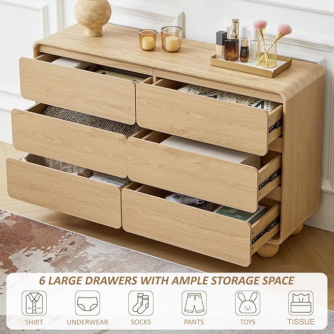 AVZEAR 6 Drawer Dresser for Bedroom, 48" Modern Wooden Dresser Chest of Drawers, Curved Profile Design, Closet Clothes Storage Organizer for Kids Bedroom, Living Room, Nursery, Natural Color