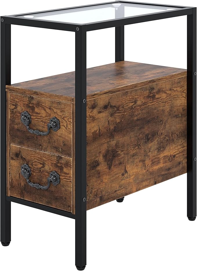 VECELO Narrow Side Table, Night Stand Sofa Table with Glass Top,Bedside End Tables with Storage Drawers,Wood Nightstand for Small Spaces Living Room Bedroom,Brown