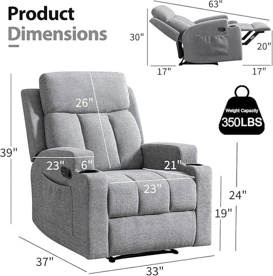 CANMOV Manual Massage Heat Recliner Chair Set of 3,Soft Fabric Recliner Chair with Overstuffed Arm and Back, Manual Reclining Single Sofa with 2 Cup Holders, Side Pocket for Living Room,Light Grey