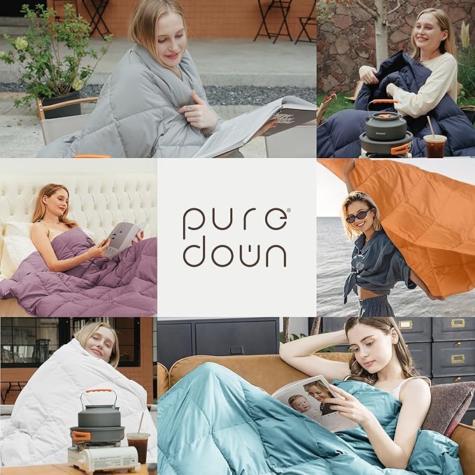 puredown® Soft Feather Down Throw Blanket Lightweight Packable Couch Throw for Indoor and Outdoor Use, Throw 50"X70", Chocolate