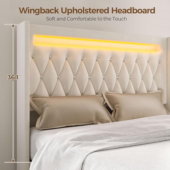 Rolanstar Twin Bed Frame with LED Light and Charging Station, Upholstered High Headboard and Footboard, Wood Slats, Noise Free, Easy Assembly, Beige