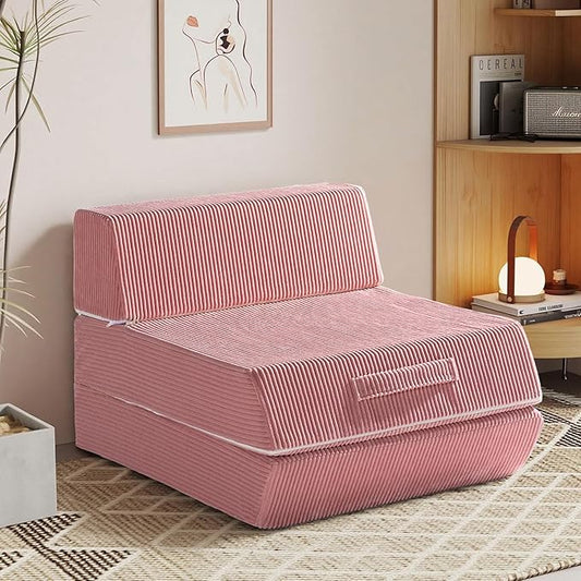 Trenda Folding Sofa Bed, 16lbs Convertible Sleeper Chair with Removable Back Pillow & Handle, Washable Cover Solid Foam Fold Out Chair Bed for Living Room, Apartment, Guest, Single, Pink