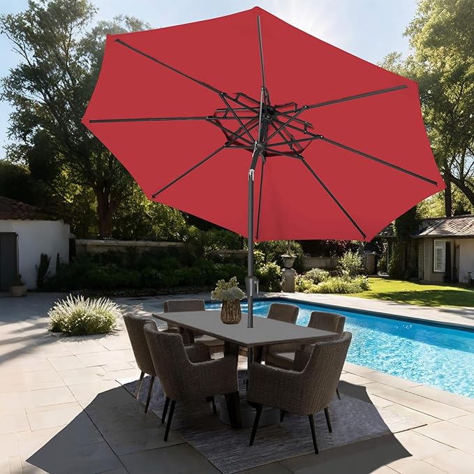 9FT Outdoor Patio Umbrella - 2 Tiers Table Umbrella Waterprool UV Protection, Sombrillas de Patio with Push Button Tilt, Sun Umbrella for Pool, Porch, Garden, Backyard (Red)