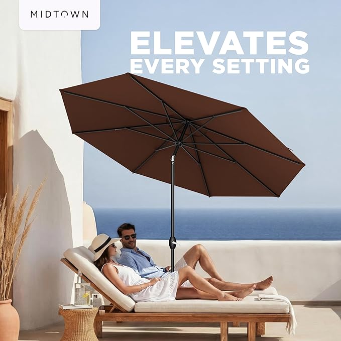 Midtown Umbrellas – The Lean 9 Ft Patio Umbrella with 10-Year-No-Fade Acrylast Acrylic Fabric, Auto-Tilt and 8 Reinforced Ribs for Deck, Pool, Garden, Hotel & Cafes – Cedar Wood Canopy, Black Pole