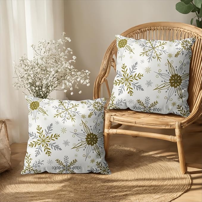 Christmas Snowflake Pillow Covers White Gold Gray Xmas Throw Pillow Cases 22x22 Set of 2 Seasonal Winter Holiday Cotton Linen Pillowcase for Farmhouse Bed Couch Sofa Living Room Decor