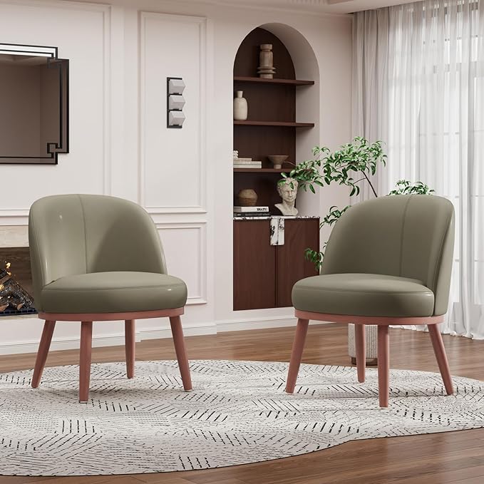 Accent Chair Set of 2, PU Leather Mid-Century Modern Chair for Small Space, Comfy Upholstered Armless Chair, for Living Room, Bedroom, Olive Green