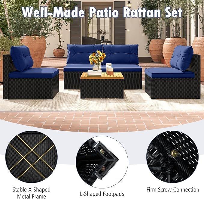 Tangkula 5 Piece Rattan Sofa Set, Outdoor Wicker Furniture Set w/Seat & Back Cushions, Square Coffee Table, Patio Sofa Set for Backyard, Poolside (Navy)