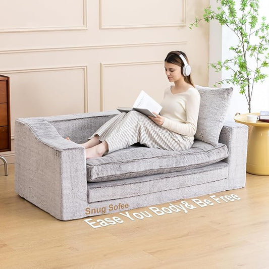 61" Convertible Sofa Bed Loveseat, Memory Foam Boneless Floor Couch with Removable Faux Fur Cover, Tri-folding Compact Full-size Sleeper for Small Living Room, Playroom, Guest Room, RV (White-Coffee) | Convertible Sofa Bed, Premium Memory Foam, Ergonom...