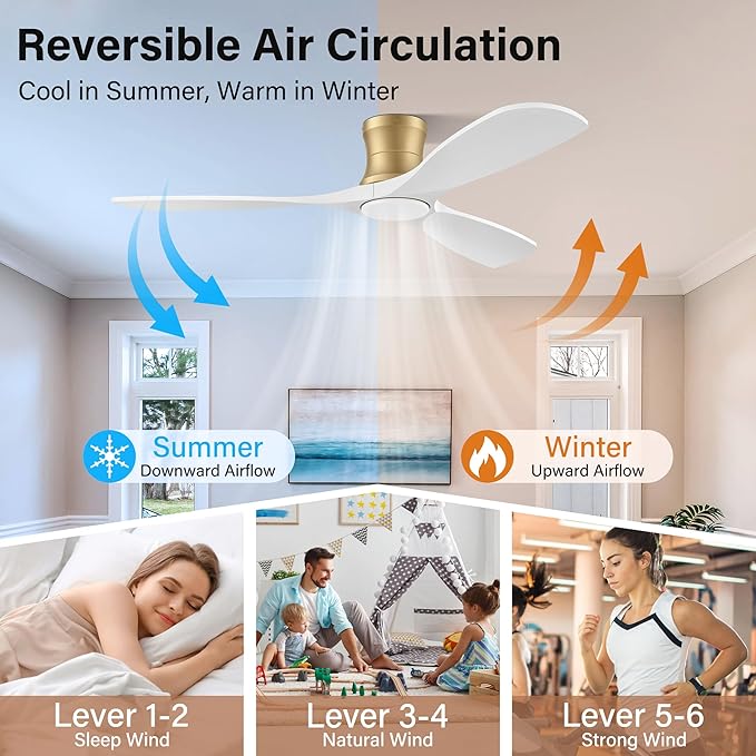 52" Wood Flush Mount Ceiling Fans with Lights Remote Control,Dimmable,Reversible,Modern Gold White Wood Ceiling Fan with Quiet DC Motor,Outdoor Indoor Low Profile for Bedroom Living Room Patio