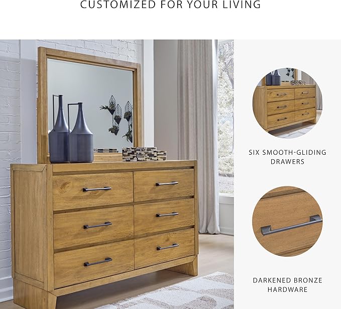 Signature Design by Ashley Sherbana Casual 6-Drawer Dresser and Mirror with Safety Stop and Felt-Lined Top Drawer, Light Brown