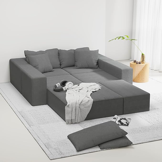 Favfurish Modern Minimalist Upholstered Couch，132" Oversized Modular Floor L-Shaped Sofa Set,with 6 Pillows,for Living Room,Bedroom,Grey（Chenille，6 Seat）