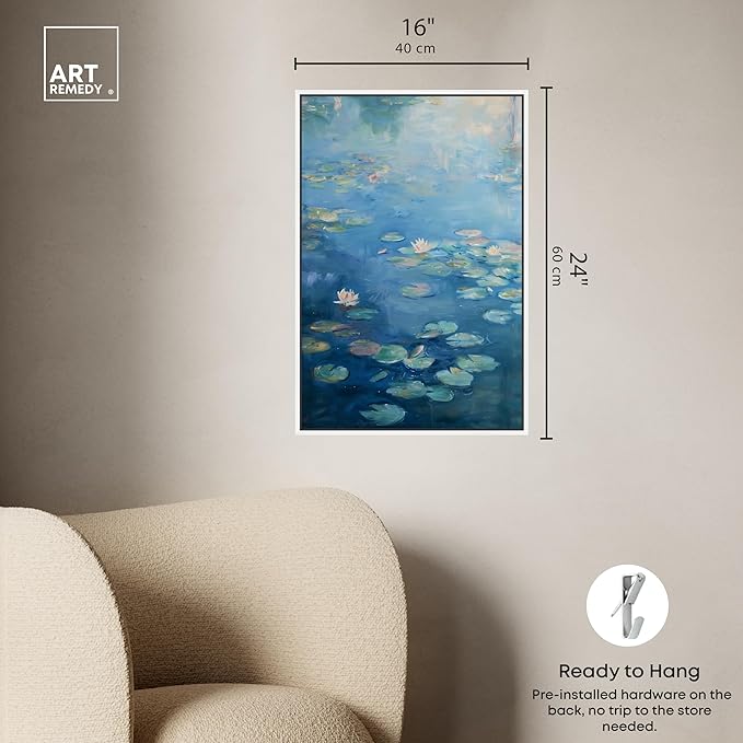 Art Remedy Lilypads In Blues Framed Impressionism 1 Piece Canvas Wall Art/Monet And Van Gogh Inspired Art, 17" x 25", White Frame