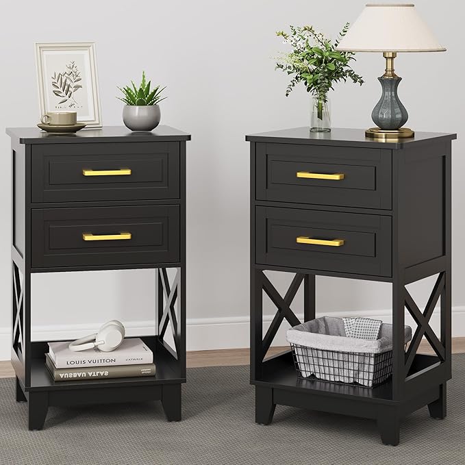 Black Nightstand Set of 2, Tall Side Table with 2 Drawers and Open Shelf, Bedside Table with Solid Feet, Modern End Table for Bedroom, Home Office, Black