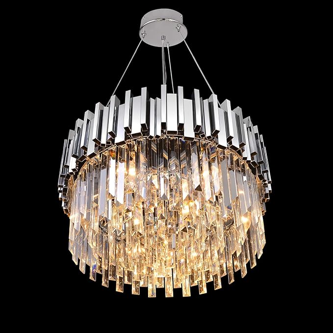 Modern Crystal Chandelier Lighting Chrome Pendant Lights Fixture with Stainless Steel Shade Island Chandeliers Ceiling Dining Room Living Room Contemporary Kitchen Dimmable 9-Lights