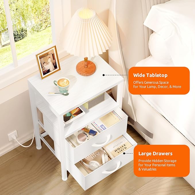 NightStand Bedside Charging Table Bedroom - Night Stand with Charger Station, White Modern Bed Side End Table with Open Shelf & 2 Fabric Drawers, USB-C Port & AC Outlets for Dorm, Living Room