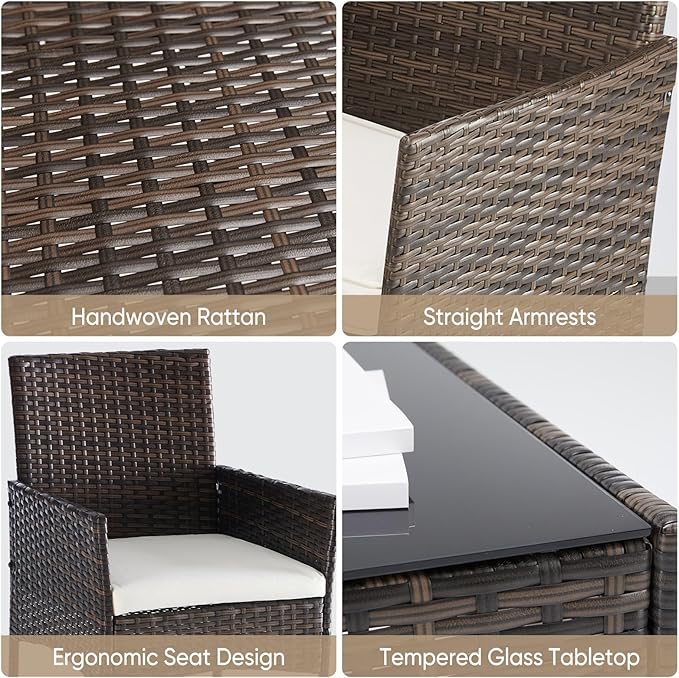 DUMOS 4 Piece Patio Furniture Set, All-Weather Outdoor Wicker Conversation Set with Removable Cushions & Tempered Glass Coffee Table, for Porch, Balcony, Lawn, Backyard, Brown