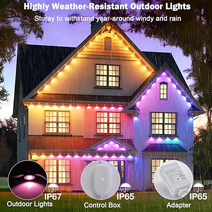 150ft Permanent Outdoor Christmas Lights for House, Smart RGB+IC+Warm to Cool White LED Eave Lights with App Control, IP65 Outside Light Compatible with Alexa, Google Assistant