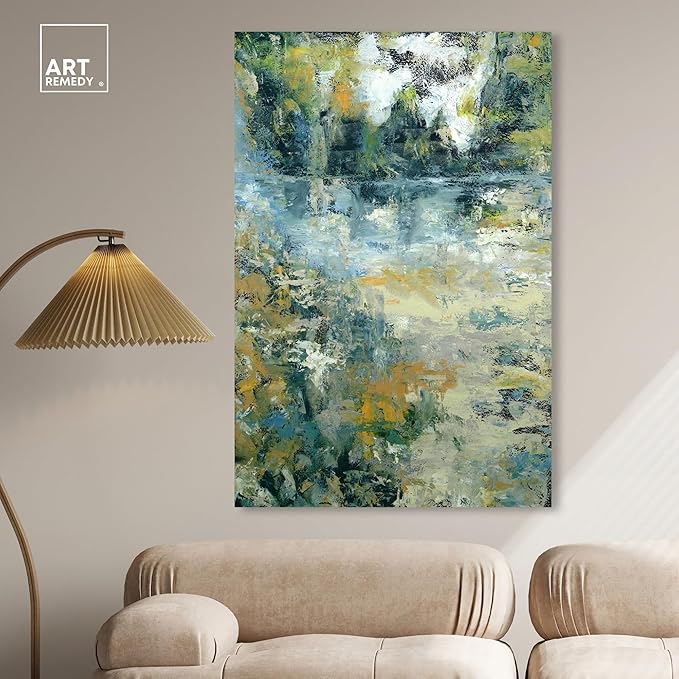 Art Remedy Green Moss Monet Garden Green Abstract Canvas Wall Art, Gallery Wrapped, 36"x54"