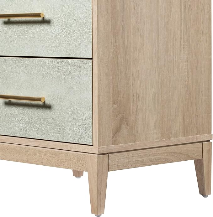 SANGO Shagreen 2-Drawer Nightstand, Modern Natural Wood Bedside Table with Gray Faux Shagreen Drawer Fronts, Brass Handles, Sturdy Legs, Elegant Storage for Contemporary & Luxury Homes