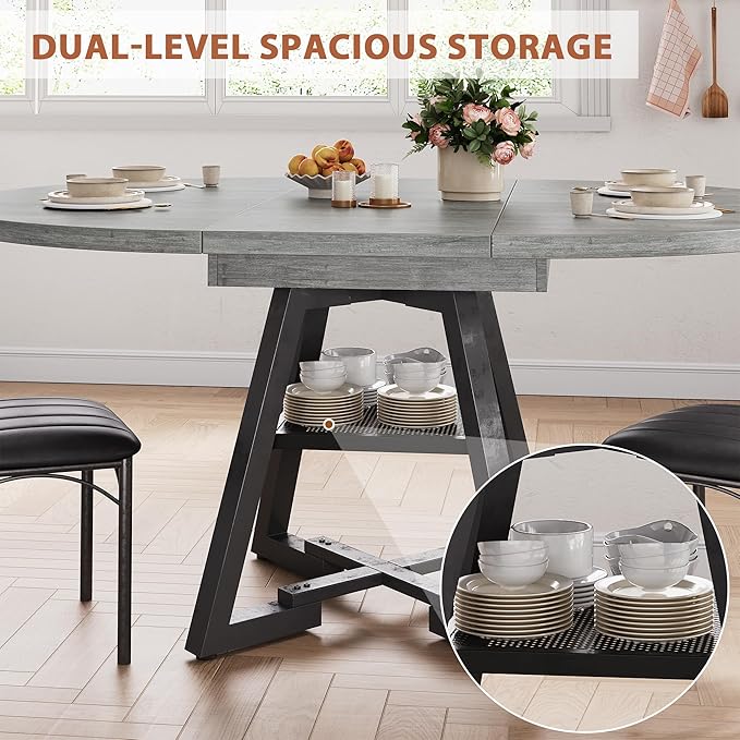 Round Dining Table Kitchen Dining Room Dinner Table for 4-6, Space Saving Extendable Oval Circle Furniture with Pedestal Base and Storage Shelf for Kitchen Living Room (Grey, for 4-6)