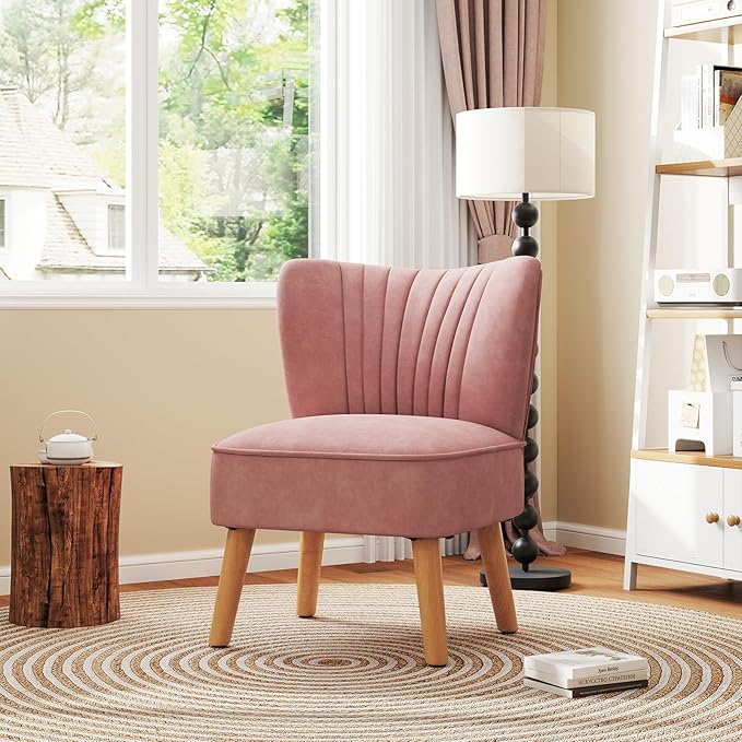 KOMFOTT Velvet Accent Chair Set of 2, Modern Armless Sofa Chair with Solid Rubber Wood Legs, Wingback Leisure Chair with Thick Cushion, Upholstered Side Chair for Living Room, Bedroom, Pink