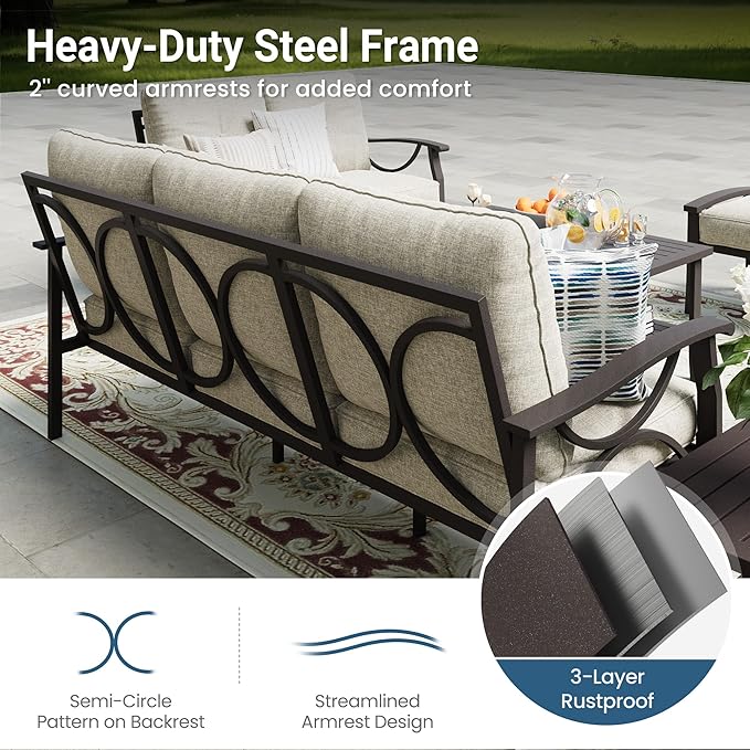 RoyalCraft Outdoor Patio Furniture Set, 7 Seats Outdoor Patio Set with 4" Thick Cushion, All-Weather Metal Patio Sofa with Coffee Table, Outdoor Sectional Furniture for Backyard Porch, Khaki&Beige