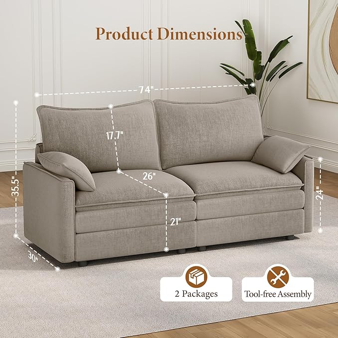 Vesgantti 74" Loveseat Sofa for Living Room, Comfy Cloud Couch Deep Seat Chenille Modern 2 Seater Small Sofa with Armrest Pillow, Easy Assembly for Small Spaces, Light Brown | Sink-in Comfort, Height Adjustable, Easy Rearrangement, Extra-deep Ottoman, ...