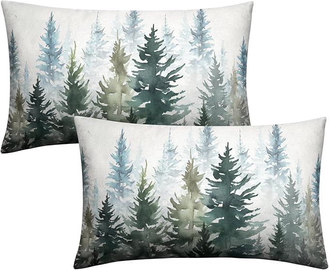 Watercolor Dark Green Christmas Tree Lumbar Pillow Covers 12x20 Set of 2 Winter Rustic Nature Forest Throw Pillow Covers Xmas Pine Trees Linen Pillow Cases for Farmhouse Living Room Decor