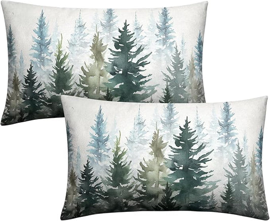 Watercolor Dark Green Christmas Tree Lumbar Pillow Covers 12x20 Set of 2 Winter Rustic Nature Forest Throw Pillow Covers Xmas Pine Trees Linen Pillow Cases for Farmhouse Living Room Decor