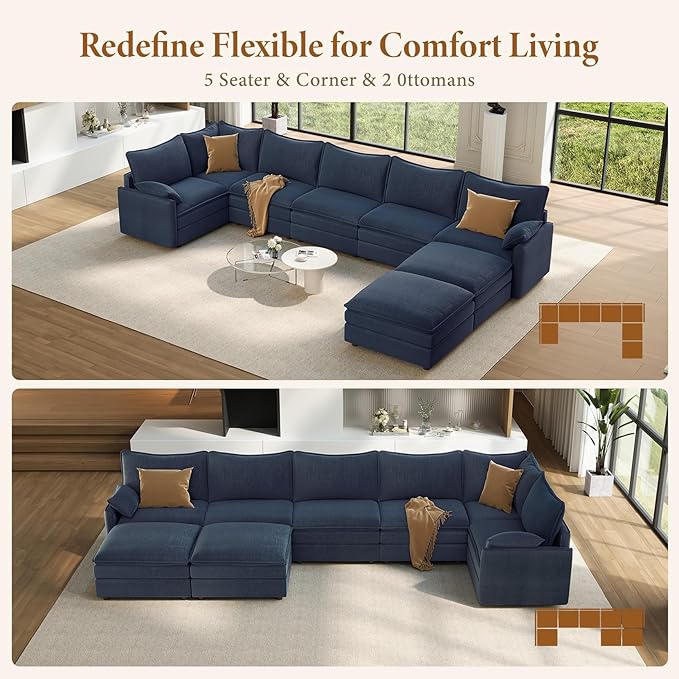 Vesgantti 169" Large Modular Sectional Sofa, Big Comfy Cloud Couch with Ottoman Deep Seat Corduroy Cloud Sofa, 9 Seater Oversized Sectional Couches for Living Room, Apartment, Office, Beige | Sink-in Comfort, Height Adjustable, Easy Rearrangement, Extr...