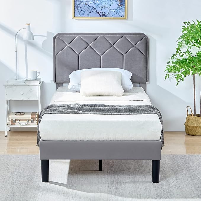 VECELO Twin Size Bed Frame Premium Velvet Upholstered Platform with Height Adjustable Headboard/Mattress Foundation, Solid Wooden Slat Support, No Box Spring Needed/Easy Assembly