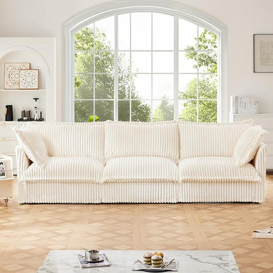 KEIKI 120" Corduroy Sectional Sofa with Big Pillows, White 3 Seat Sleeper Cloud Couch Set, Comfy Upholstered Modular SofaBed for Apartment Living Room, Cream