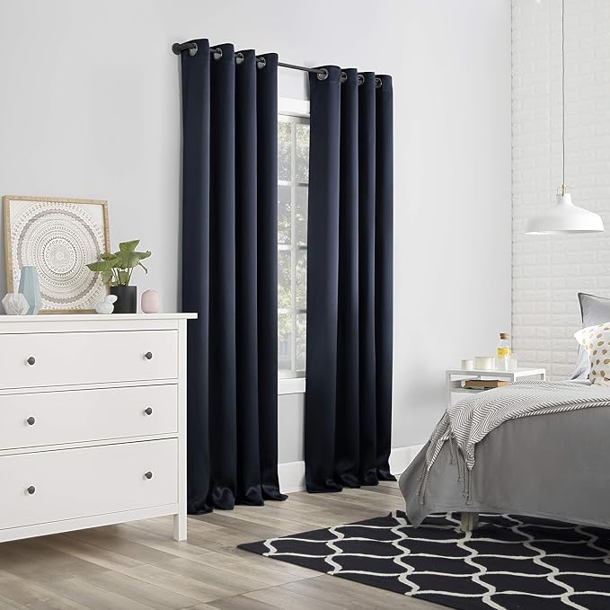 Sun Zero Nordic 2-pack Theater Grade Extreme 100% Blackout Grommet Curtain Panel Pair, 52" x 108", Navy Blue