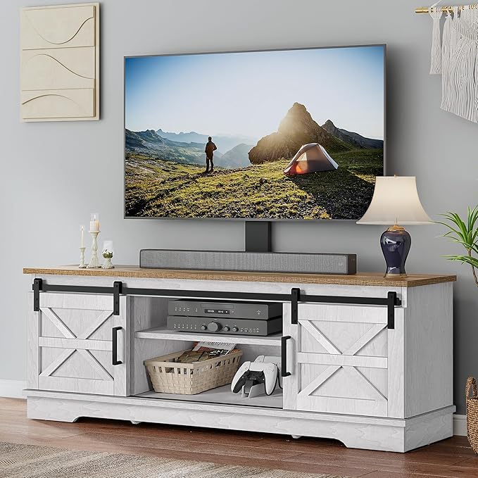 YITAHOME Farmhouse TV Stand with Mount, Television Stand Mount with 3 Height Adjustment for 32-70 inch TVs, Entertainment Center Media Console w/Sliding Barn Door for Living Room, Grey White/Grey Wash