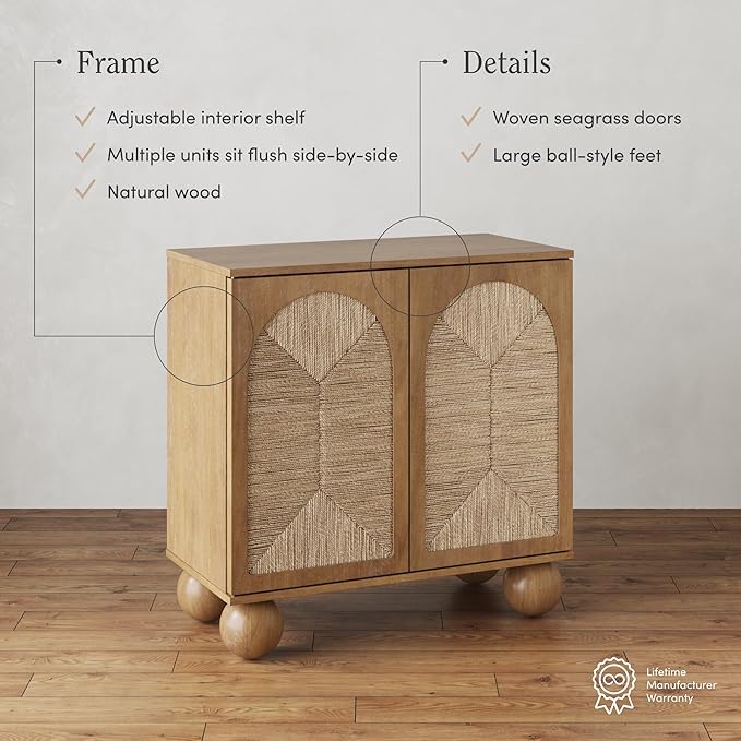 Nathan James Leah Boho TV Stand or Sideboard Cabinet for Kitchen or Living Room with Ball-Style Feet, Natural Seagrass Door Fronts and Solid Wood Legs, Light Brown, Set of 4