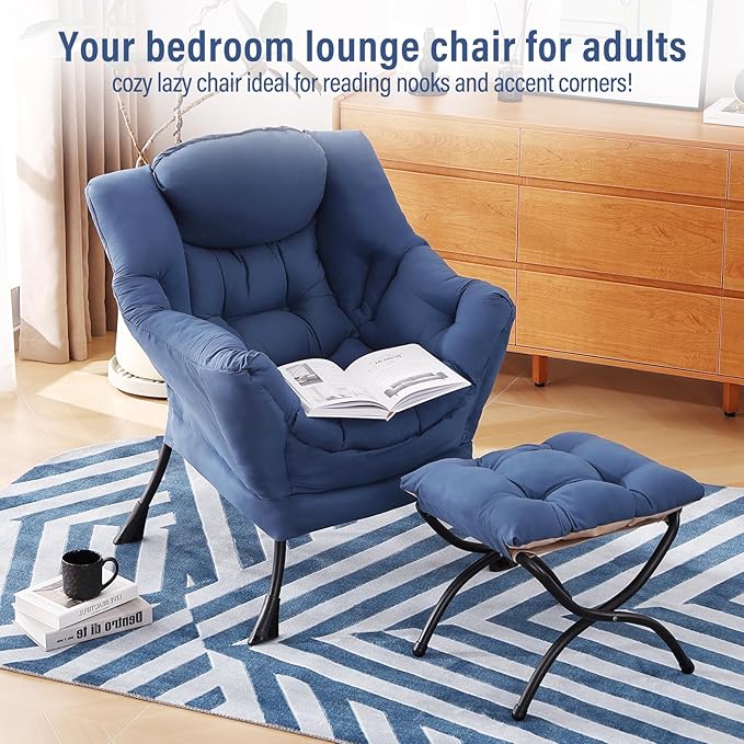 Lazy Chair with Ottoman, Modern Accent Chair with Folding Footrest, Royal Blue Sofa Chair Set, Comfortable Reading Chairs, Oversized Armchairs for Bedroom, Study, Living Room, Courtyard